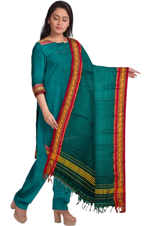 Bottle_Green_100%_Pure_Narayanpeth_Cotton_Elephant_Border_Dress_Material