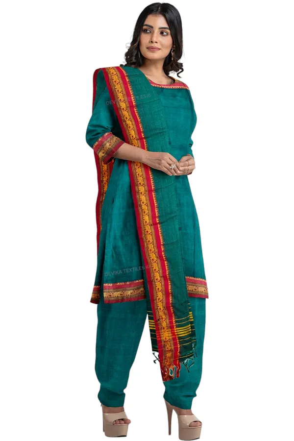 Bottle_Green_100%_Pure_Narayanpeth_Cotton_Elephant_Border_Dress_Material