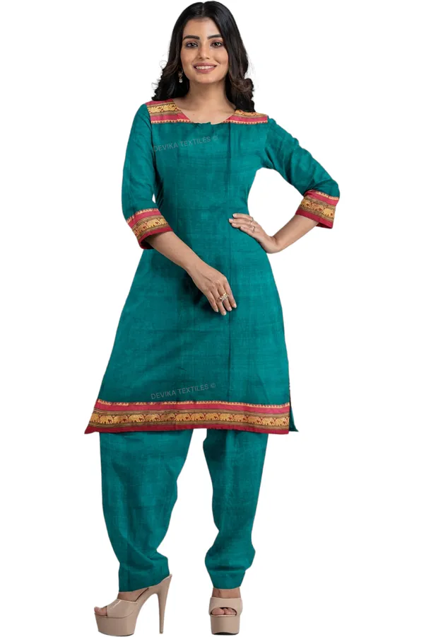 Bottle_Green_100%_Pure_Narayanpeth_Cotton_Elephant_Border_Dress_Material
