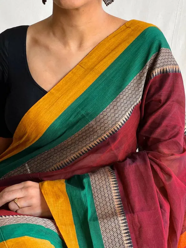 Maroon_Avani_Border_Narayanpet_Pure_Handloom_Cotton_Sarees_with_Running_blouse_piece