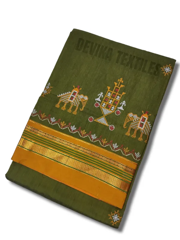 Mehandi_color_Cottonsilk_ilkal_Kasuti_work_saree_with_running_blouse_piece