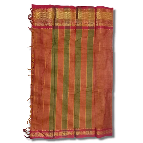 Orange_Checks_Narayanpet_Cotton_saree_Woven_Gold_Jari_In_Border_with_Running_blouse_piece_(checks_orange)