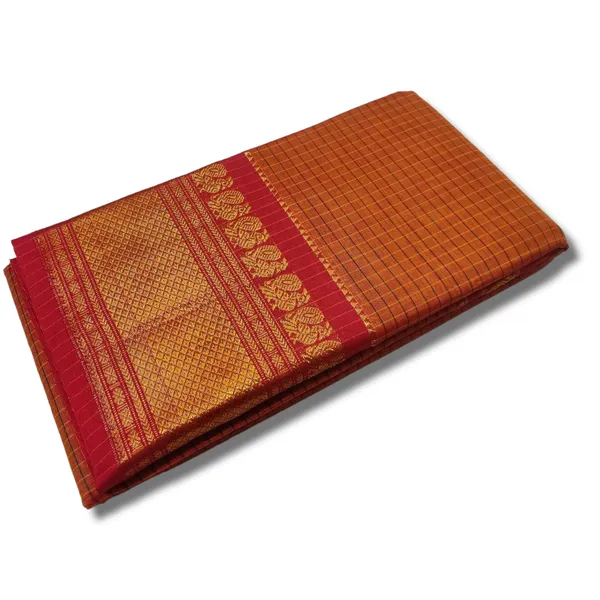 Orange_Checks_Narayanpet_Cotton_saree_Woven_Gold_Jari_In_Border_with_Running_blouse_piece_(checks_orange)