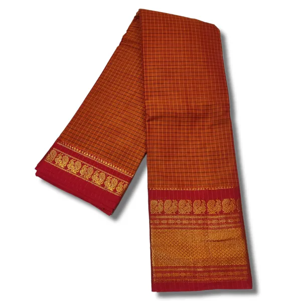 Orange_Checks_Narayanpet_Cotton_saree_Woven_Gold_Jari_In_Border_with_Running_blouse_piece_(checks_orange)