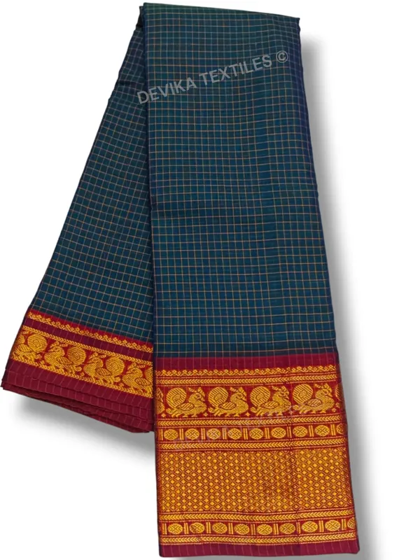 Rama_Narayanpeth_Peacock_Checks_Border_Mercerised_Coton_Saree_With_Running_Blouse_Piece