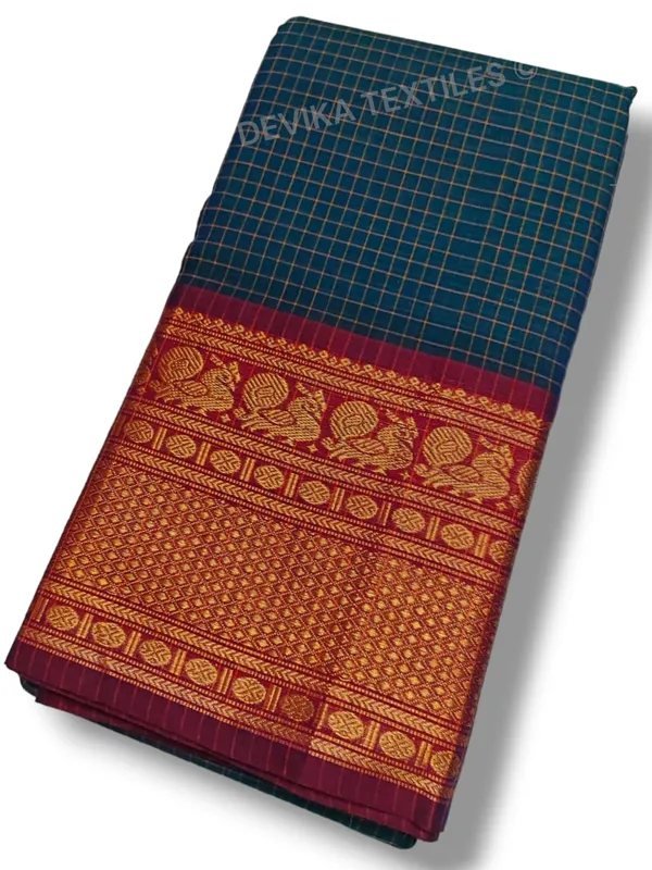 Rama_Narayanpeth_Peacock_Checks_Border_Mercerised_Coton_Saree_With_Running_Blouse_Piece