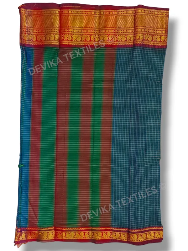 Rama_Narayanpeth_Peacock_Checks_Border_Mercerised_Coton_Saree_With_Running_Blouse_Piece
