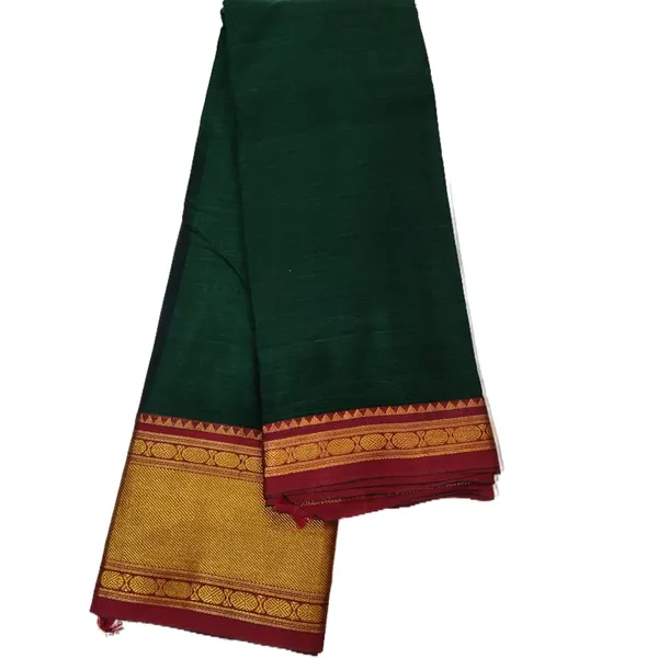 Handloom_Pure_Masarised_Cotton_Saree_With_Running_Blouse_Piece_(Green+Red_Border)_For_Women