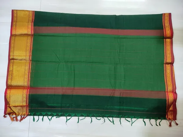 Handloom_Pure_Masarised_Cotton_Saree_With_Running_Blouse_Piece_(Green+Red_Border)_For_Women