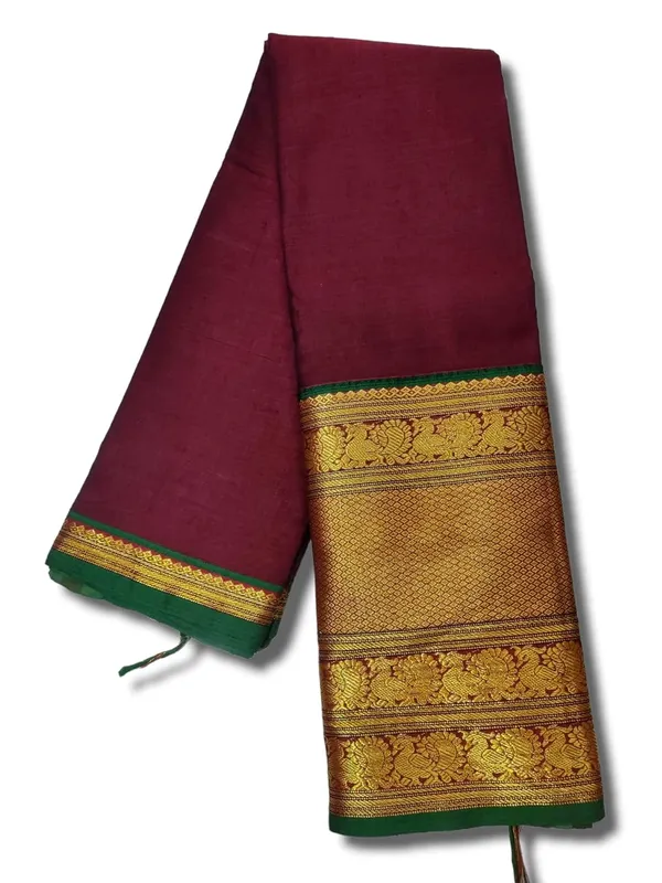 Tri_Peacock_Narayanpet_Pure_Cotton_Saree_With_Running_Blouse_Piece_(Jambla)_(Maroon(Green_Border)_For_Women