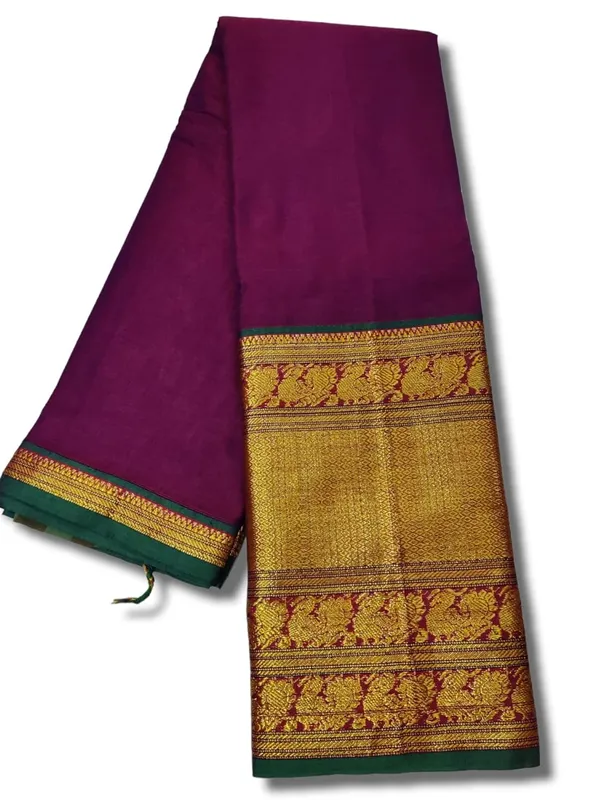 Handloom_Narayanpet_Pure_Cotton_Saree_With_Running_Blouse_(Tri_Peacock_Border)_Big_Border_(Magenta_By_Green)_For_Women