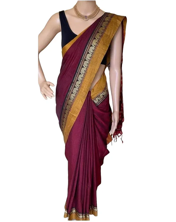 Elephant_Border_Treditional_Handloom_Pure_Masarised_Cotton_Saree_With_Running_Blouse_Piece_For_Women