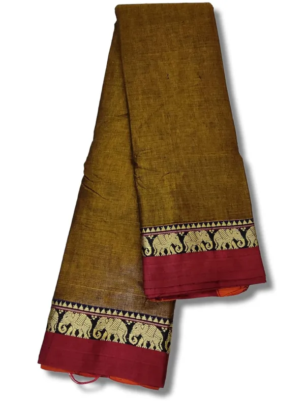 Handloom_Narayanpet_Pure_Cotton_Saree_With_Running_Blouse_(Single_Elephant_Border)_(Khaki)_For_Women