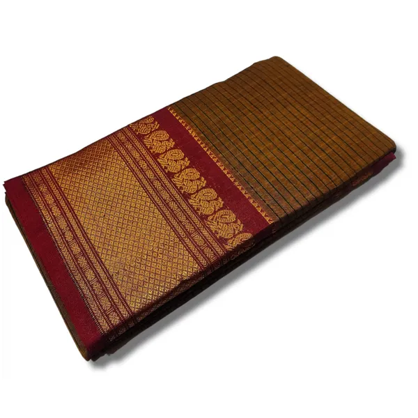 Brown_Check_Narayanpet_Cotton_saree_Woven_Gold_Jari_In_Border_with_Running_blouse_piece_(Check_Khaki)_For_Women