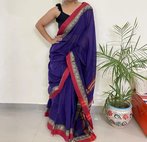 Voilet_Elephant_Border_Narayanapet_Mercerised_Cotton_Saree_with_Running_blouse_piece