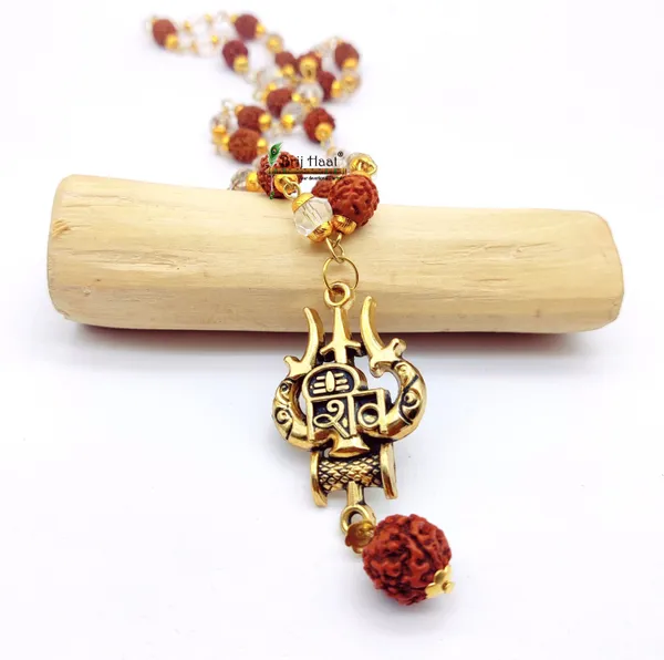 Lord_shiv_trishul_Locket/Pendant_with_natural_Panch_Mukhi_Rudraksha_and_sphatik_beads_in_Golden_Cap_Mala