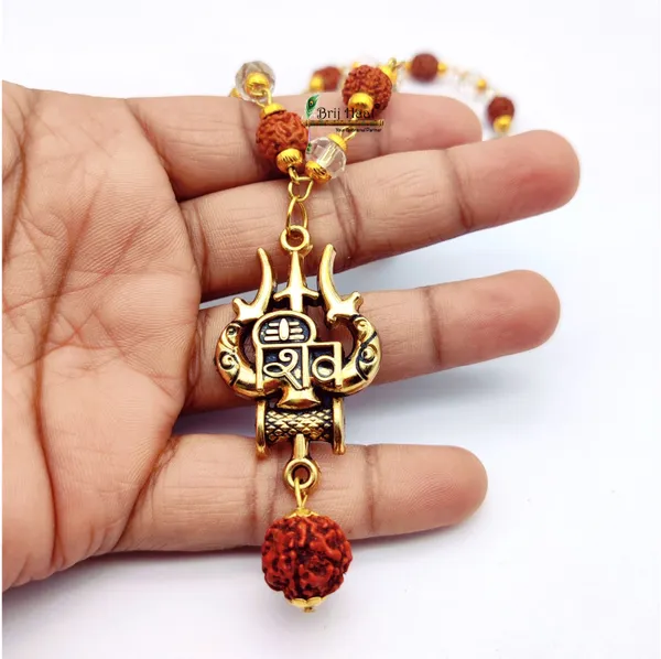 Lord_shiv_trishul_Locket/Pendant_with_natural_Panch_Mukhi_Rudraksha_and_sphatik_beads_in_Golden_Cap_Mala