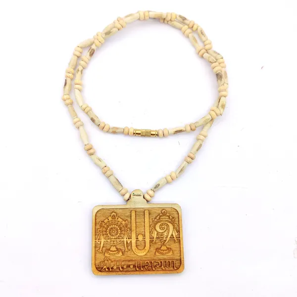 Wooden_Carving_Shrimannarayan_Tirupati_Balaji_Shankh_Chakra_Namah_Handmade_Locket/pendant_with_Tulsi_Kanthi_Mala