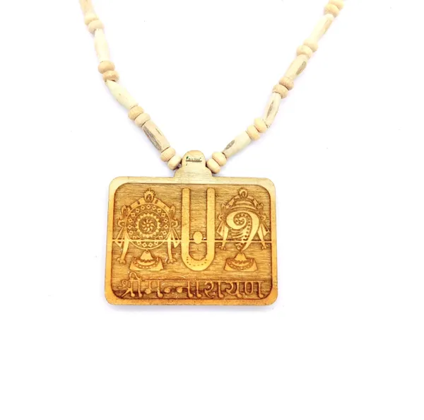 Wooden_Carving_Shrimannarayan_Tirupati_Balaji_Shankh_Chakra_Namah_Handmade_Locket/pendant_with_Tulsi_Kanthi_Mala
