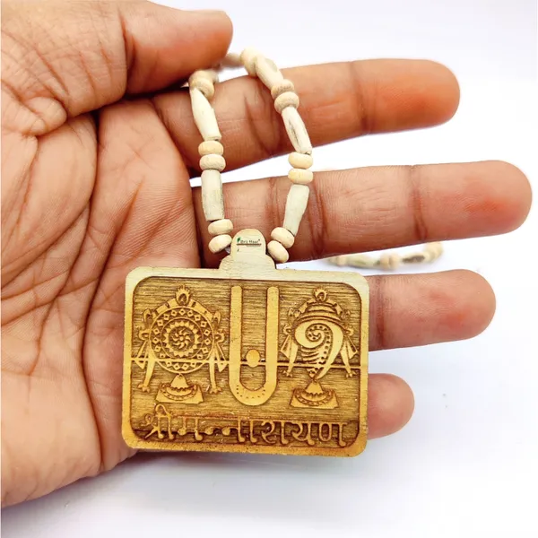 Wooden_Carving_Shrimannarayan_Tirupati_Balaji_Shankh_Chakra_Namah_Handmade_Locket/pendant_with_Tulsi_Kanthi_Mala