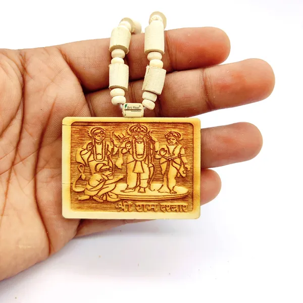 Wooden_Carving_Ram_darbar_Handmade_Locket/pendant_with_Tulsi_Kanthi_Mala