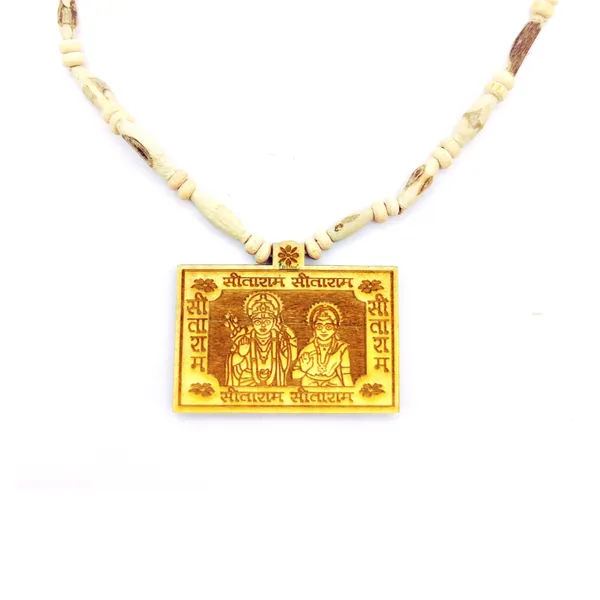 Wooden_Carving_Sita_ram_ji_Handmade_Locket/pendant_with_Tulsi_Kanthi_Mala