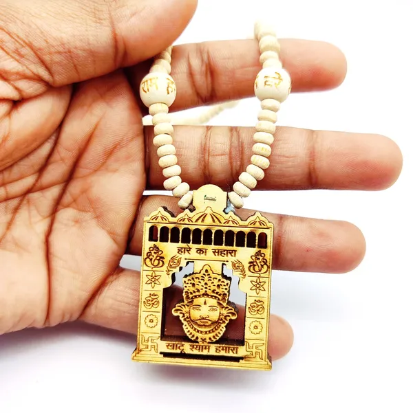 Wooden_Carving_Hare_ka_sahara_khatu_shyam_hamara_Handmade_Locket/pendant_with_wood_Kanthi_Mala