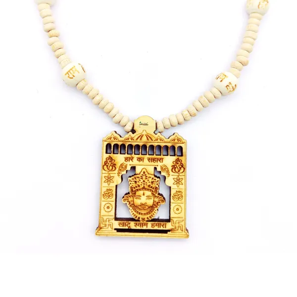 Wooden_Carving_Hare_ka_sahara_khatu_shyam_hamara_Handmade_Locket/pendant_with_wood_Kanthi_Mala