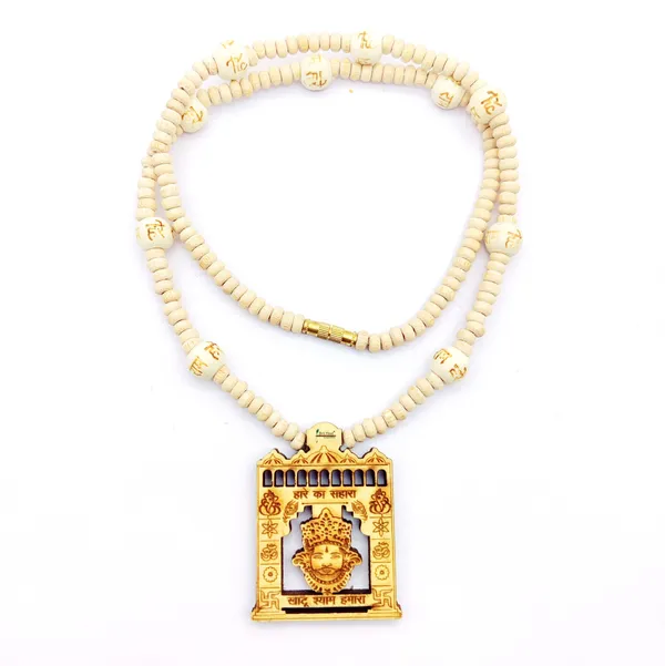 Wooden_Carving_Hare_ka_sahara_khatu_shyam_hamara_Handmade_Locket/pendant_with_wood_Kanthi_Mala