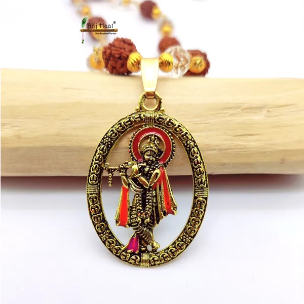 Lord_Krishna_Locket/Pendant_with_natural_Panch_Mukhi_Rudraksha_and_sphatik_beads_in_Golden_Cap_Mala