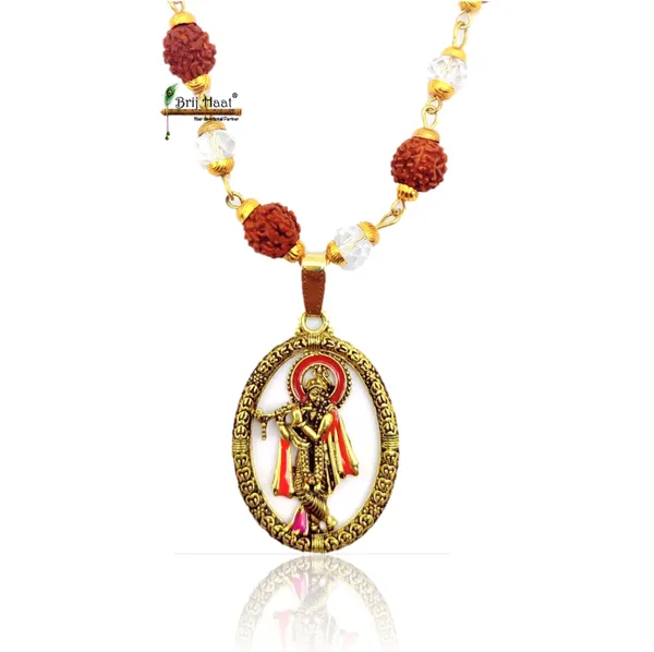 Lord_Krishna_Locket/Pendant_with_natural_Panch_Mukhi_Rudraksha_and_sphatik_beads_in_Golden_Cap_Mala