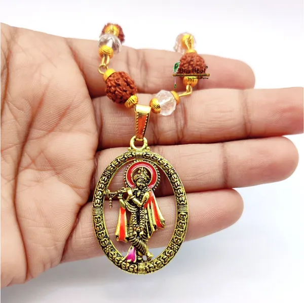 Lord_Krishna_Locket/Pendant_with_natural_Panch_Mukhi_Rudraksha_and_sphatik_beads_in_Golden_Cap_Mala