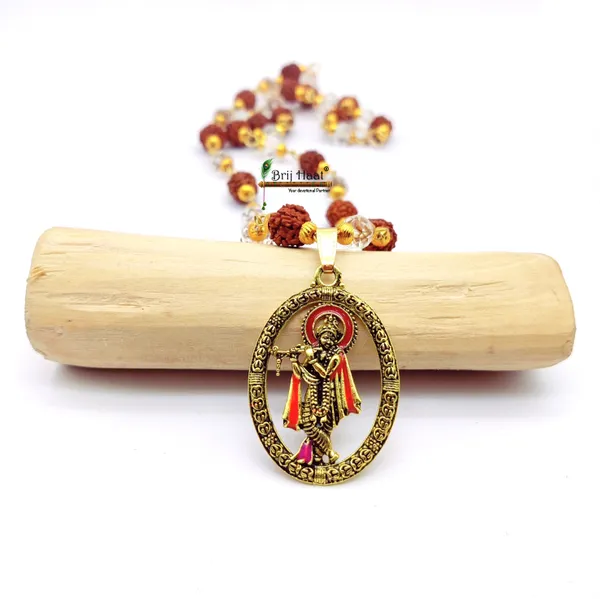 Lord_Krishna_Locket/Pendant_with_natural_Panch_Mukhi_Rudraksha_and_sphatik_beads_in_Golden_Cap_Mala