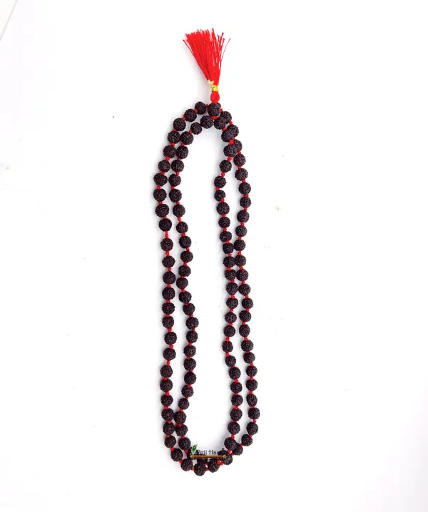 Panch_mukhi_Black_rudraksha_mala_108+1_Beads_with_astghandha_chandan_and_tilak_stamp_for_meditation_Brown