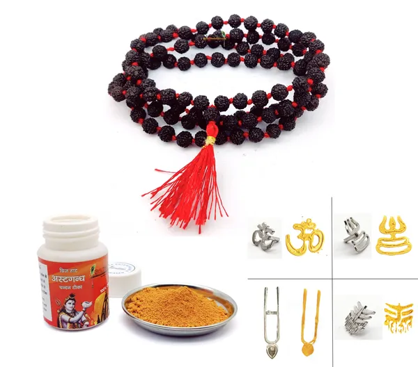 Panch_mukhi_Black_rudraksha_mala_108+1_Beads_with_astghandha_chandan_and_tilak_stamp_for_meditation_Brown