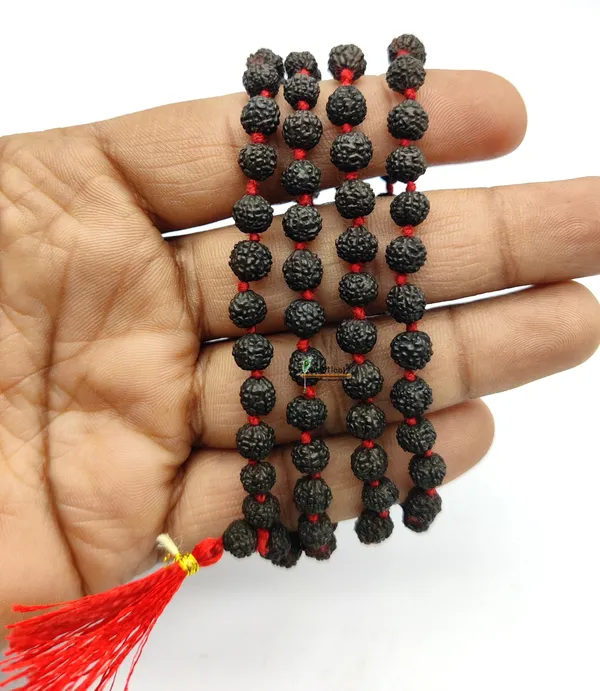 Panch_mukhi_Black_rudraksha_mala_108+1_Beads_with_astghandha_chandan_and_tilak_stamp_for_meditation_Brown