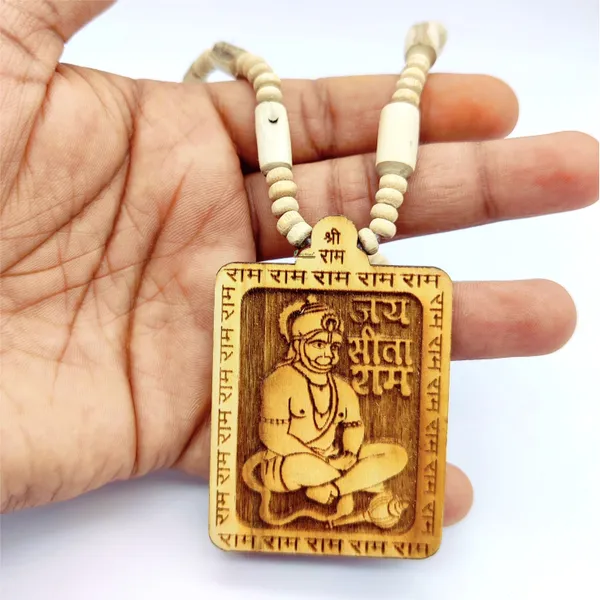 Wooden_Carving_Hanuman_ji_Shree_bageshwar_Balaji_dham_sita_ram_Handmade_Locket/pendant_with_Tulsi_Mala