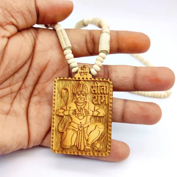 Wooden_Carving_Hanuman_ji_sita_ram_Handmade_Locket/pendant_with_Tulsi_Mala