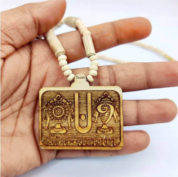 Wooden_Carving_Shrimannarayan_Tirupati_Balaji_Shankh_Chakra_Namah_Handmade_Locket/pendant_with_Tulsi_Mala