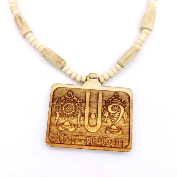 Wooden_Carving_Shrimannarayan_Tirupati_Balaji_Shankh_Chakra_Namah_Handmade_Locket/pendant_with_Tulsi_Mala