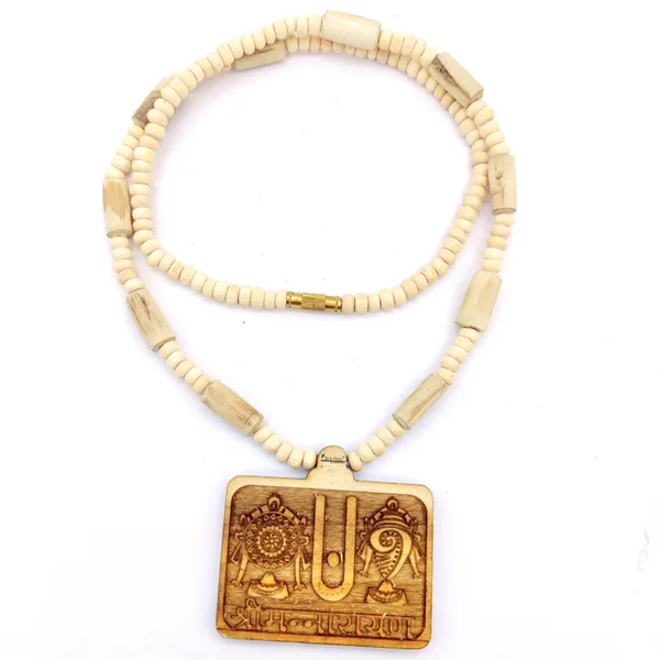 Wooden_Carving_Shrimannarayan_Tirupati_Balaji_Shankh_Chakra_Namah_Handmade_Locket/pendant_with_Tulsi_Mala