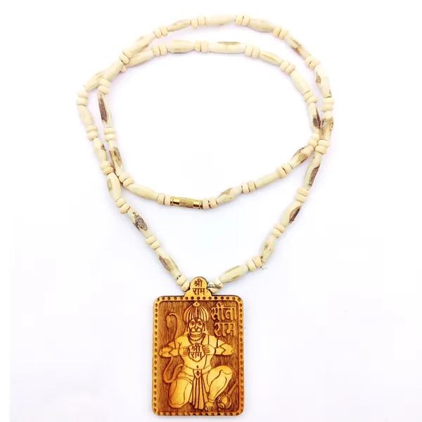 Wooden_Carving_Hanuman_ji_Handmade_Locket/pendant_with_Tulsi_Kanthi_Mala