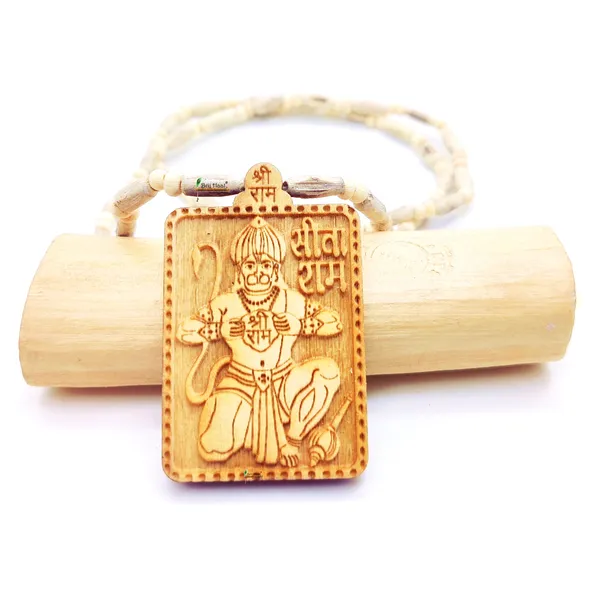 Wooden_Carving_Hanuman_ji_Handmade_Locket/pendant_with_Tulsi_Kanthi_Mala