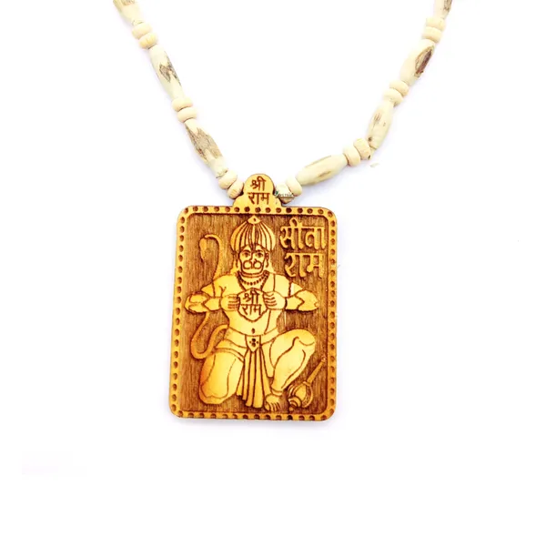 Wooden_Carving_Hanuman_ji_Handmade_Locket/pendant_with_Tulsi_Kanthi_Mala