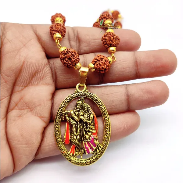 Radha_Krishna_Locket/Pendant_with_natural_Panch_Mukhi_Rudraksha_in_Golden_Cap_Mala