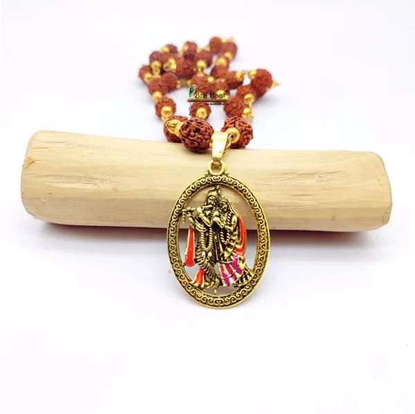 Radha_Krishna_Locket/Pendant_with_natural_Panch_Mukhi_Rudraksha_in_Golden_Cap_Mala
