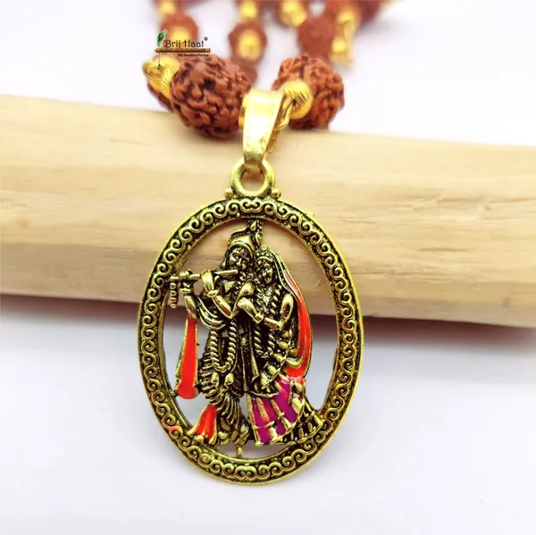 Radha_Krishna_Locket/Pendant_with_natural_Panch_Mukhi_Rudraksha_in_Golden_Cap_Mala