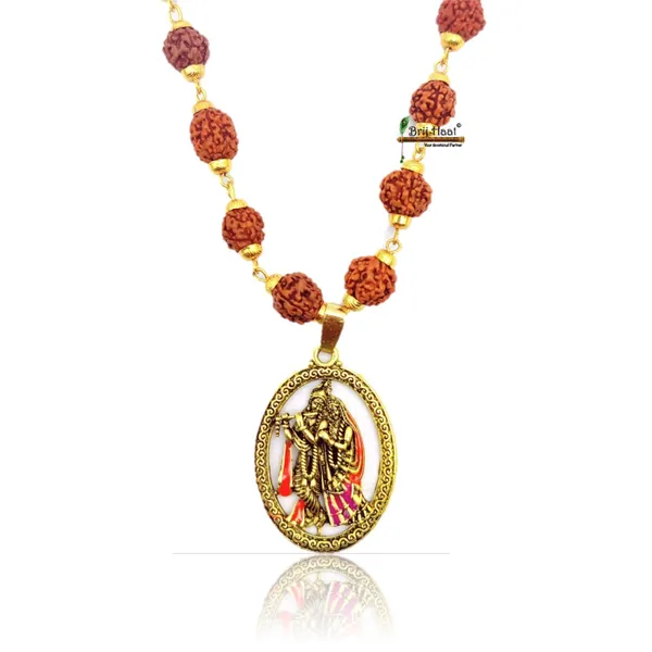Radha_Krishna_Locket/Pendant_with_natural_Panch_Mukhi_Rudraksha_in_Golden_Cap_Mala