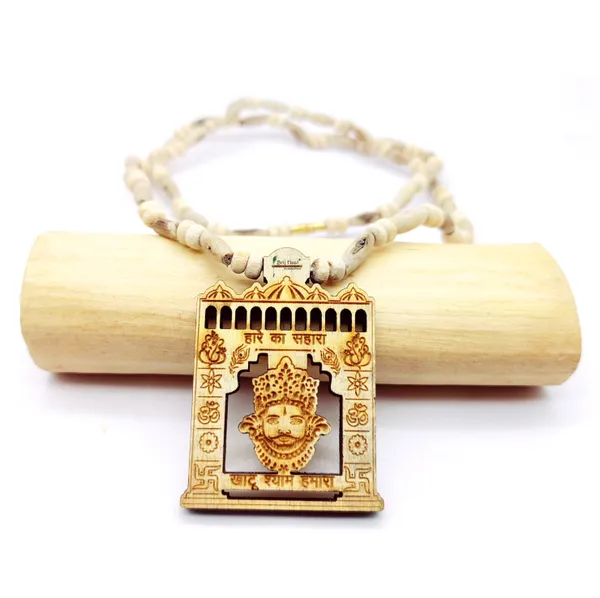 Wooden_Carving_Hare_ka_sahara_khatu_shyam_Handmade_Locket/pendant_with_Tulsi_Kanthi_Mala