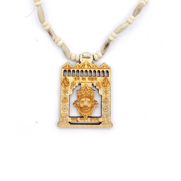 Wooden_Carving_Hare_ka_sahara_khatu_shyam_Handmade_Locket/pendant_with_Tulsi_Kanthi_Mala